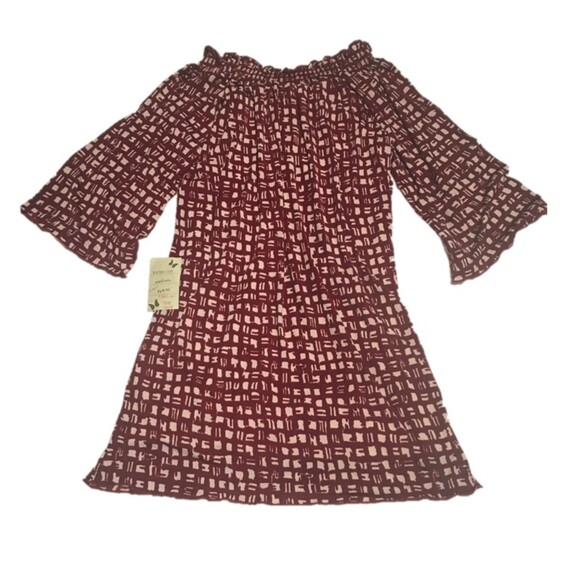 NWT Dare Apparel dress Womens Medium maroon cream geometric 3/4 flutter sleeve - Picture 2 of 7